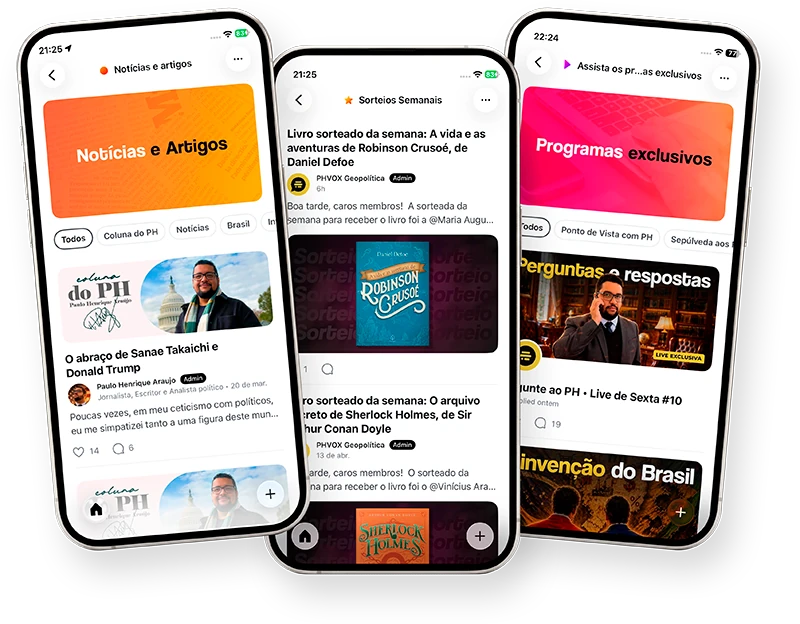 Telas do app PHVox: Notícias e Artigos, Sorteios Semanais e Programas exclusivos