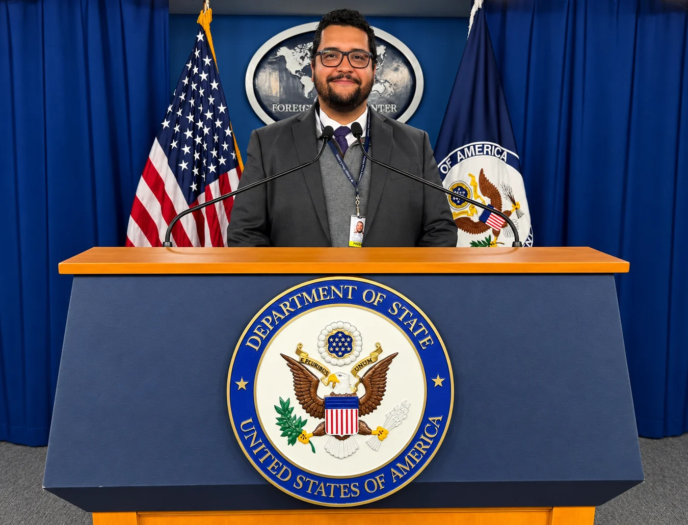 Paulo Henrique Araújo no púlpito do Departamento de Estado americano, em Washington
